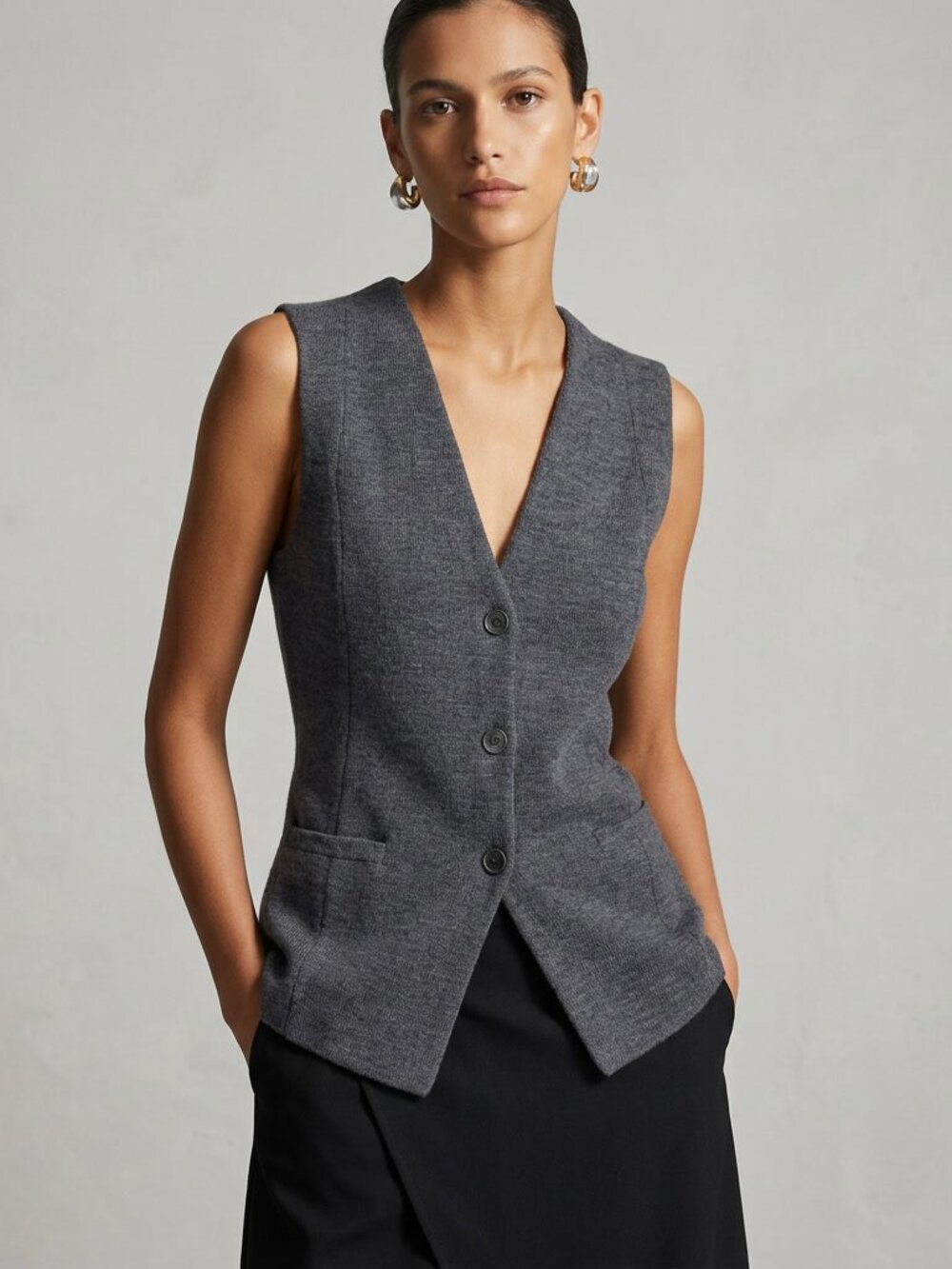 COS Longline Knitted 100% Wool Waistcoat/Vest Grey Size XS